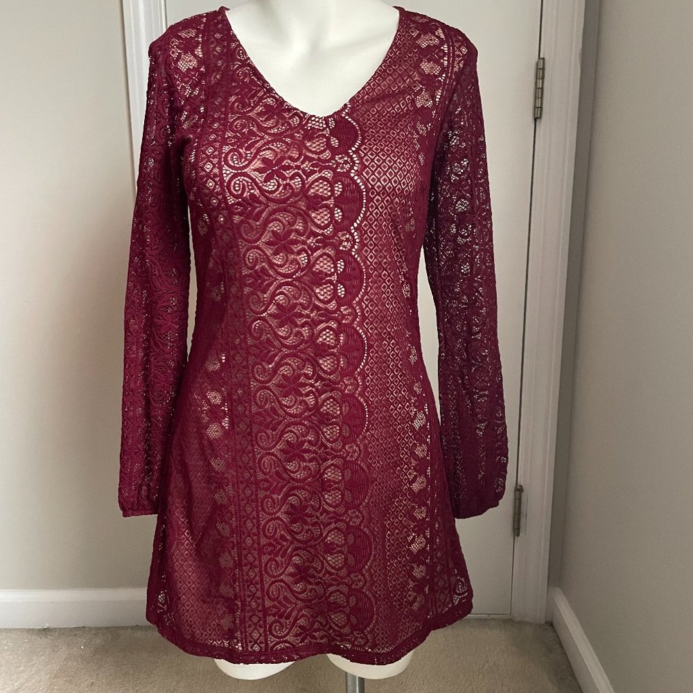 Speecklers Burgundy Lace Overlay Longsleeve Mini Dress - SzXS